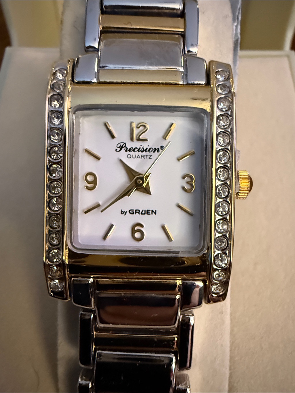 Vintage Gruen Precision Gold  Silver Crystal Womens Watch  White Dial